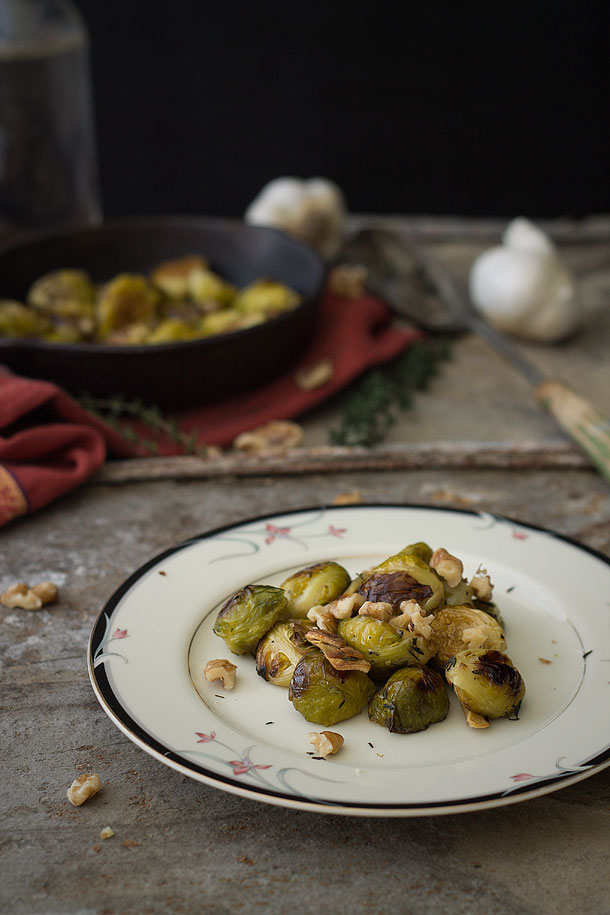 Bacon Fat Roasted Brussels Sprouts with Crispy Garlic and Thyme From Slim Palate